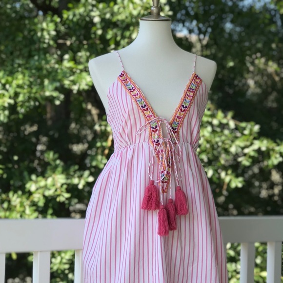 NWT Small Pink Pinstripe Embroidery Tassel Adjustable Tie Front Dress - Picture 3 of 9